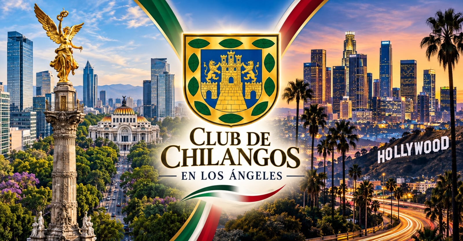 Portada del Club de Chilangos en Los Ángeles: el Ángel de la Independencia, Bellas Artes y el letrero de Hollywood