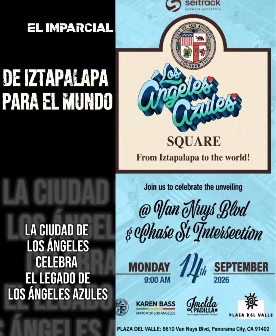 Flyer de la inauguración de Los Ángeles Azules Square el 14 de septiembre de 2026